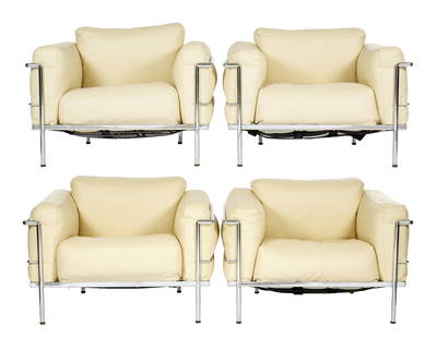 Four after Le Corbusier LC3 Lounge Chairs: Set of four LC3 lounge chairs, designed by LE Corbusier, manufactured by Gordon International. Chrome steel tube frames, bone analine leather upholstery. Overall 31" h. x 41" x 31". Condition: Upholst