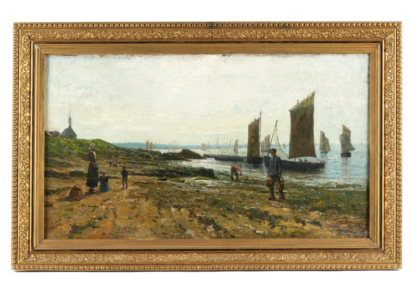 Exhibited Clifford Grayson Shoreline Landscape: GREYSON, Clifford Prevost, (American, 1857-1951): "View of Carcarneau" shoreline landscape with men clamming, family looking on, boats, and church, Oil in Canvas, signed, dated '83, and location lower