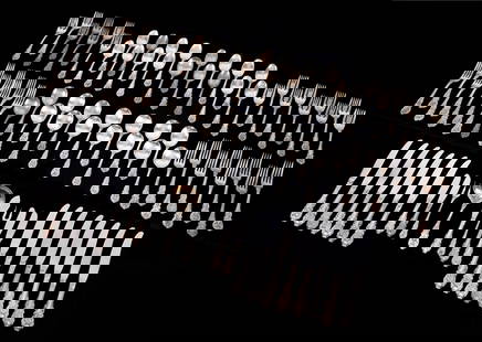 87 pc. Wallace Sir Christopher Sterling Flatware: Approx. 87 sterling silver pieces in the Sir Christopher pattern by Wallace Silversmiths to include 15 forks (7.25"), 16 salad forks (6.25"), 17 teaspoons (6"), 16 round soup spoons (6"), 15 hollow kn