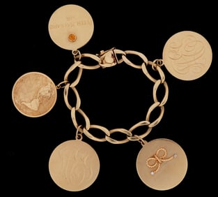 14k Yellow Gold Bracelet with Five Large Charms