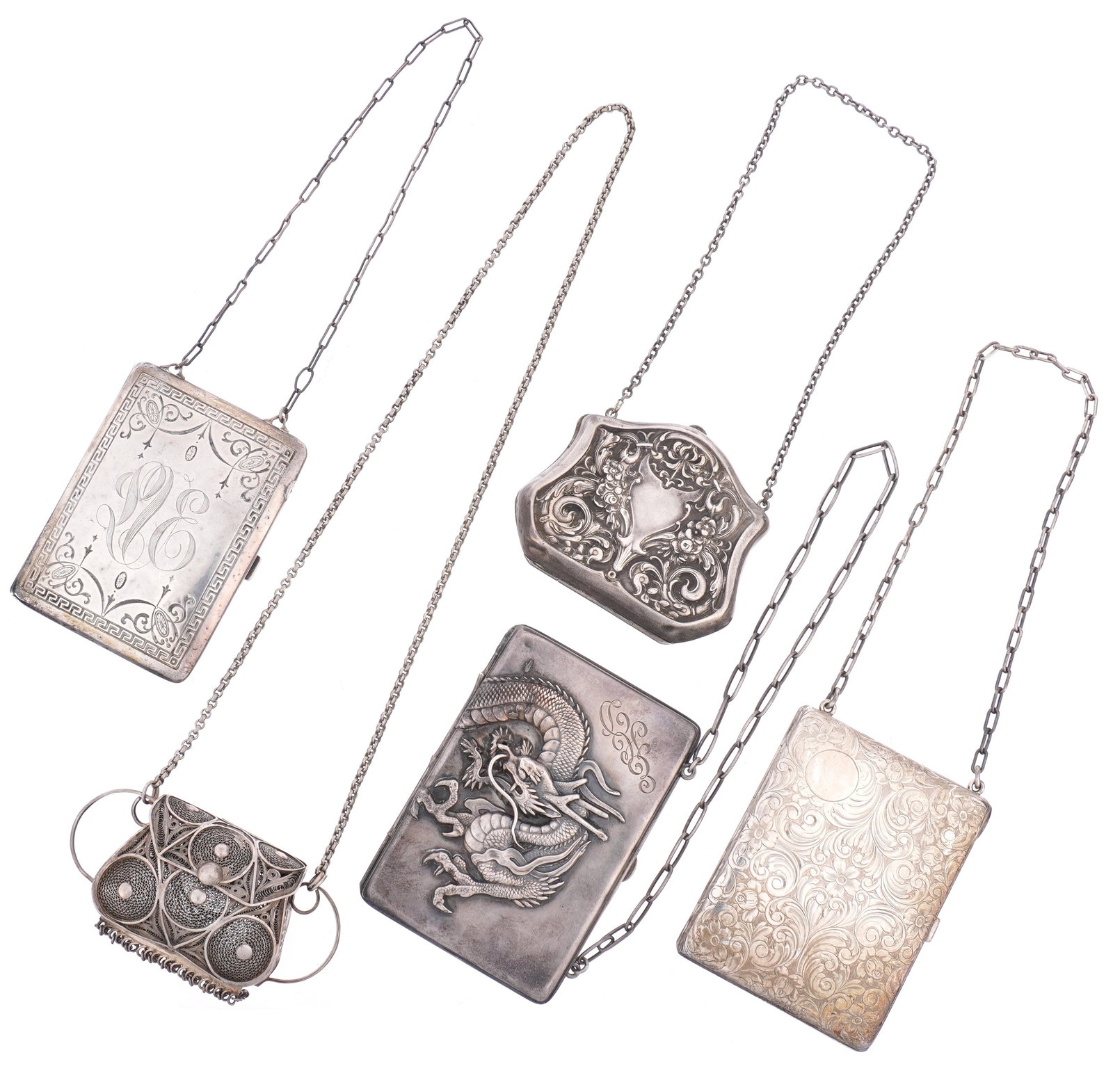 Collection Five Silver Card Cases and Coin Purses: An assembled collection of five silver coin purses and card cases to include 1) Chinese export card case with raised dragon, monogrammed, unmarked, 4" x 2.75". 2) Engraved card case and coin purse, mo