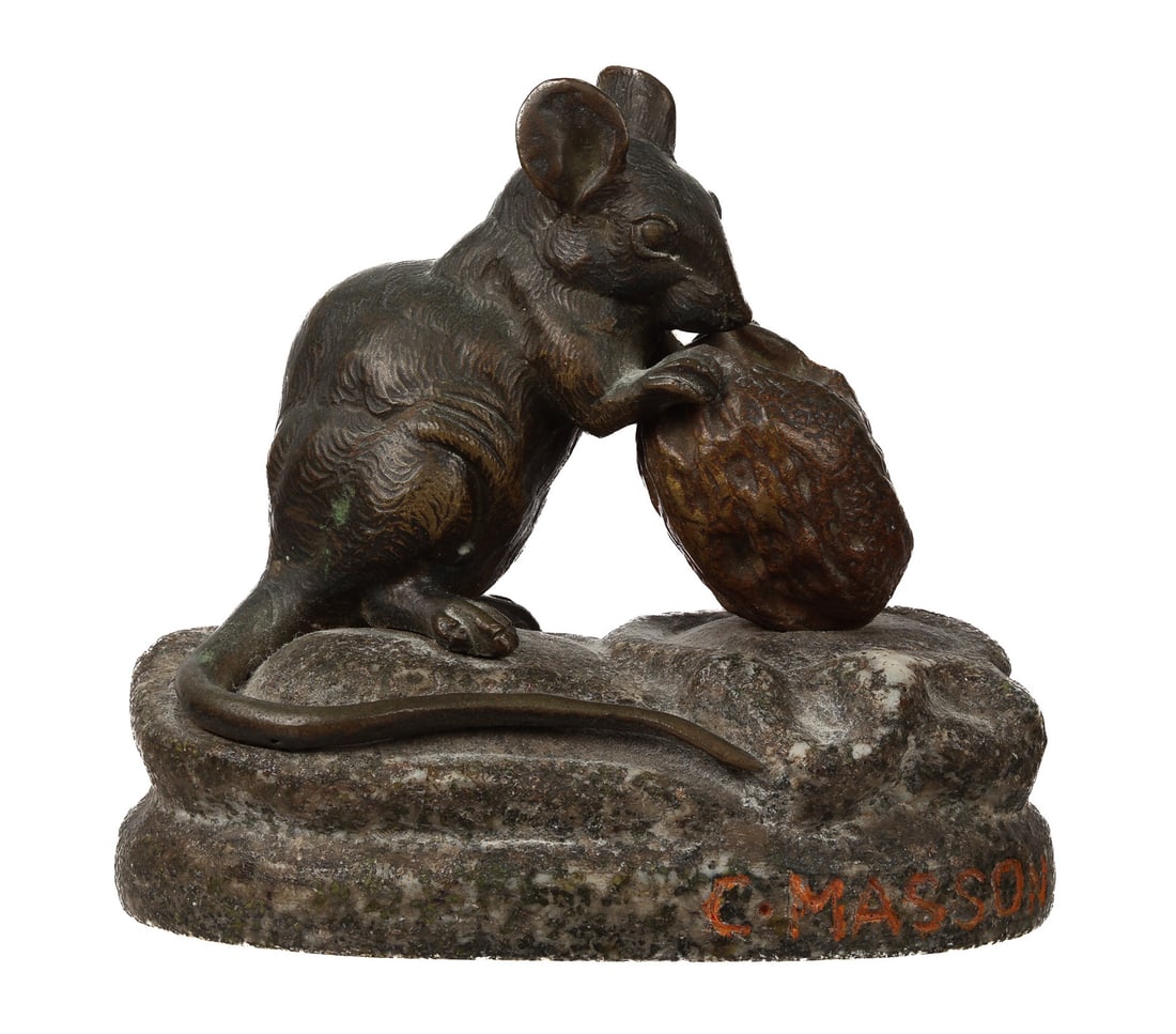 attr. Clovis Masson Bronze Mouse Eating a Walnut: attributed MASSON, Clovis-Edmond, (French, 1838-1913): Patinated bronze figure of a mouse eating a walnut, affixed to stone base, signed on stone, overall 3.75" h. x 4" x 2.25".