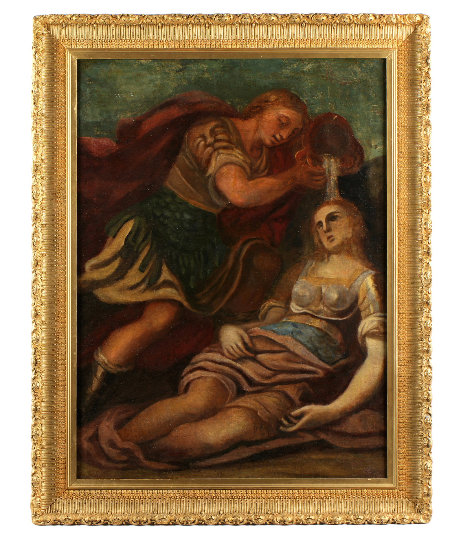 Italian Old Master Style Mythological Painting: Italian School depiction Hypnos pouring Lethean water from a jug on the head of Ariadne, Oil on Canvas, no visible signature, 38" x 28", framed 45" x 35". Condition: Craquelure, inpaint, stretcher bar