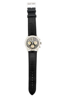 Vintage Breitling Navitimer AOPA 806 Wrist Watch: Breitling Navitimer 806 manual wind wrist watch, 40mm stainless steel case, black dial with three cream subsidiary dials, black leather band, 8.75". Condition Scratches to crystal, minor wear to case.