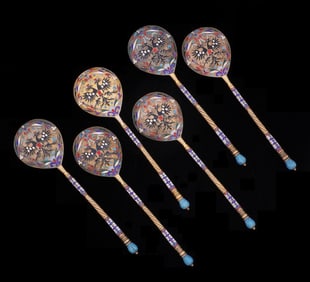 Set of 6 Russian Gilt Silver & Enamel Spoons