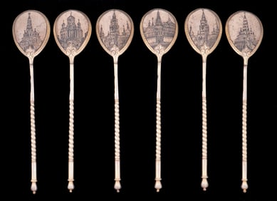 Set of Six Russian Silver Niello Teaspoons in Case