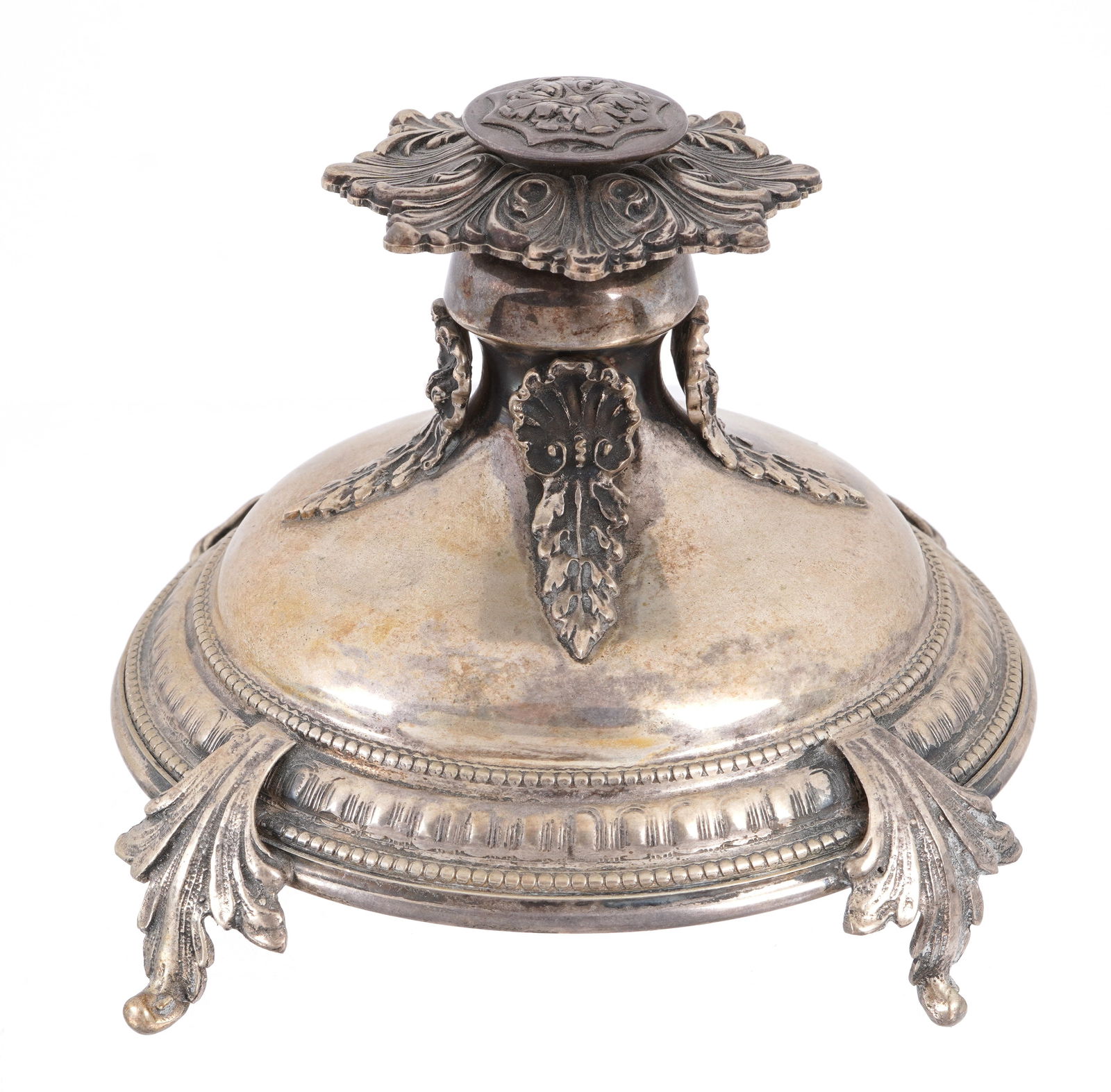 Ornate Russian Silver Centerpiece Base: Embossed floral screw in finial over base with gadroon lower border, on four foliate feet. Marked with unknown Cyrillic makers mark, 84 zolotnik mark. Overall 4" h. x 5.75". Approx. 8.3 troy oz. inclu