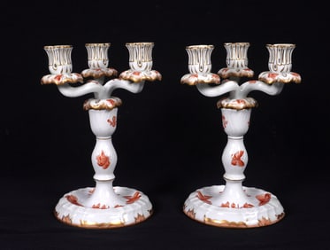 Pair Herend Rust Fortuna Three Arm Candelabra