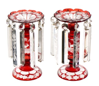 Pr Bohemian Ruby Cut to Clear Luster Candlesticks