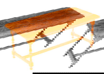 Marshall James Tiger Maple Coffee Table: Rectangular tiger maple top with rounded cut corners, turned supports, straight stretchers, on four ball feet. Stamped under top. Overall 17" h. x 44" x 21". Condition: Scratches and wear to top.