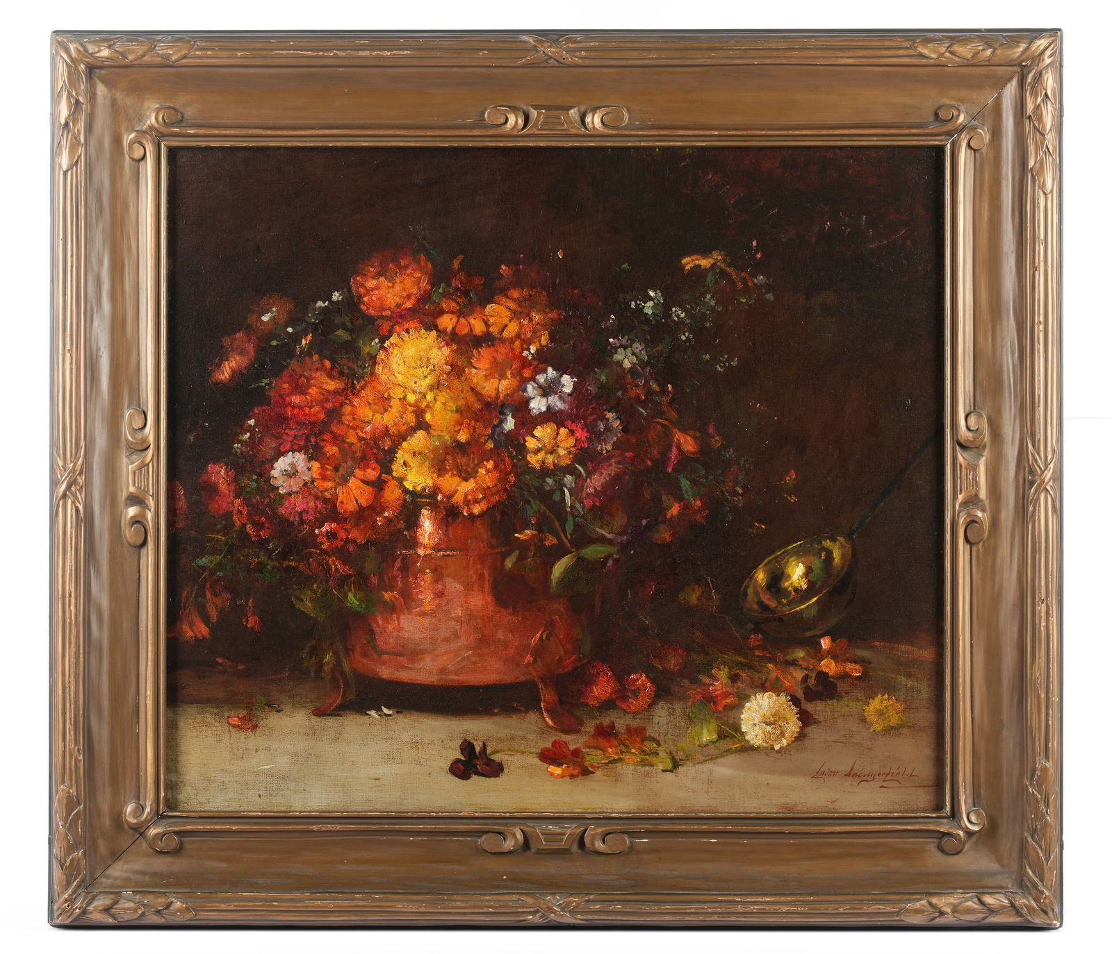 Elliot Daingerfield Still Life of Flowers Painting: DAINGERFIELD, Elliot, (American, 1859-1932): Still life of flowers in copper pot and copper ladle, Oil on Canvas, signed lower right, Albert Milch framers label verso, 24" x 28", framed 32" x 36". Con