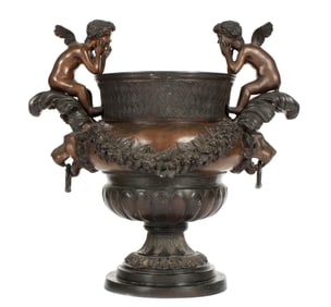 Bronze Figural Cherub Garden Urn / Planter