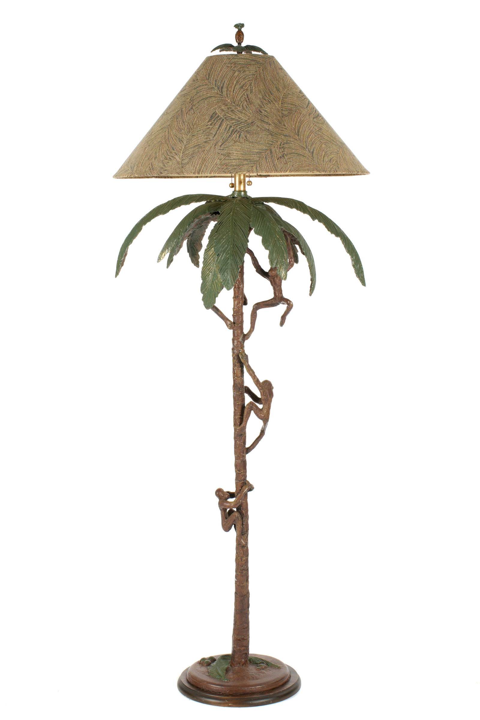 Frederick Cooper Monkeys on Palm Tree Floor Lamp: Designed by Frederick Cooper, painted bronze floor lamp depicting four monkeys climbing a palm tree, on wood base. Double socket fixture, overall 73" h. x 27.5" dia at the fronds. Sold with custom clo
