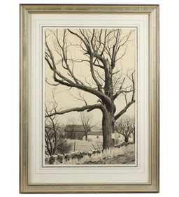 Loring Coleman Farmhouse and Tree Watercolor