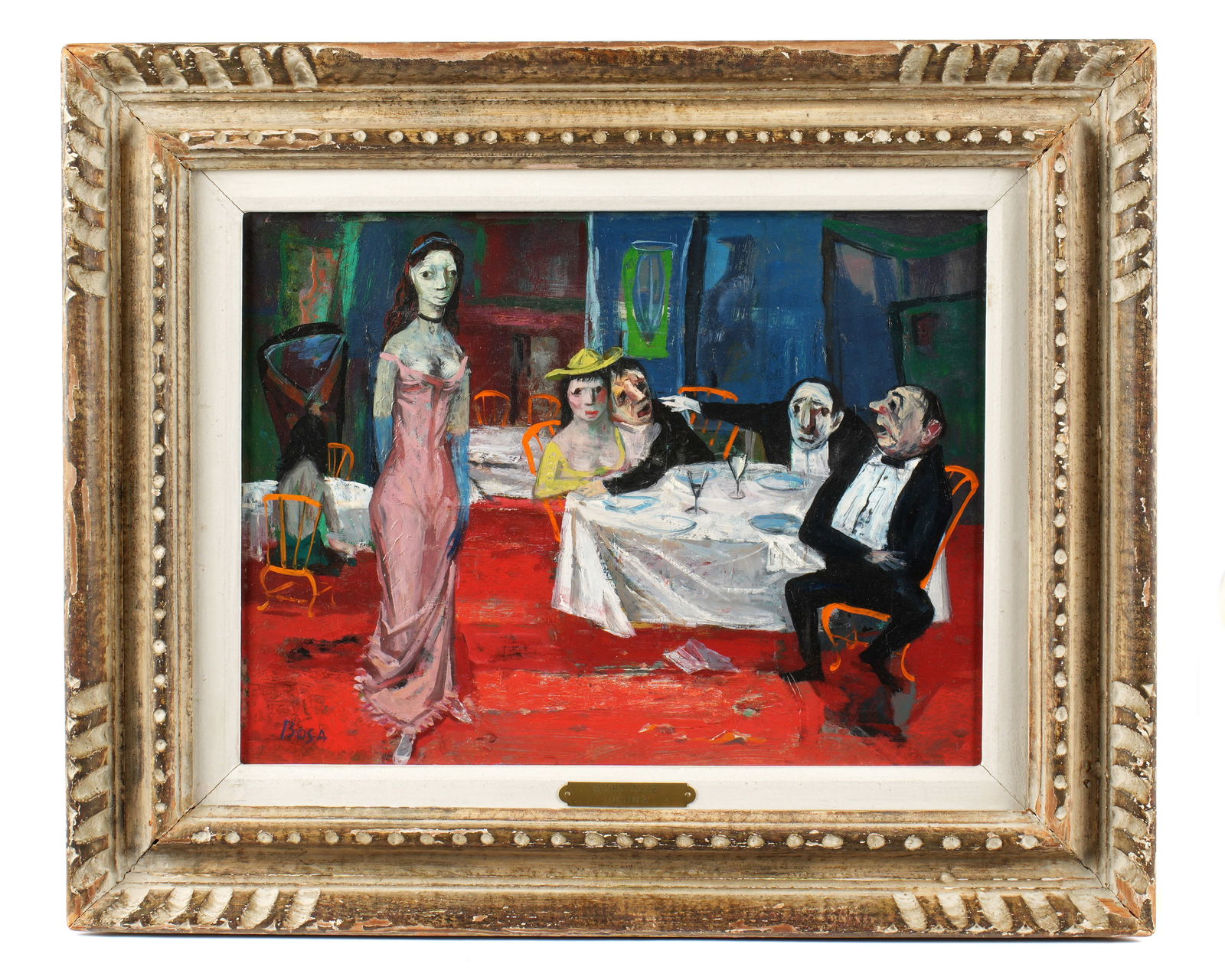 Louis Bosa "Night Club" Cafe Painting: BOSA, Louis (Italian, 1905-1981): "Night Club", interior cafe genre scene with figures, Oil on Masonite, signed lower left, remnants of label verso, 12" x 16", framed 18.5" x 22.75".
