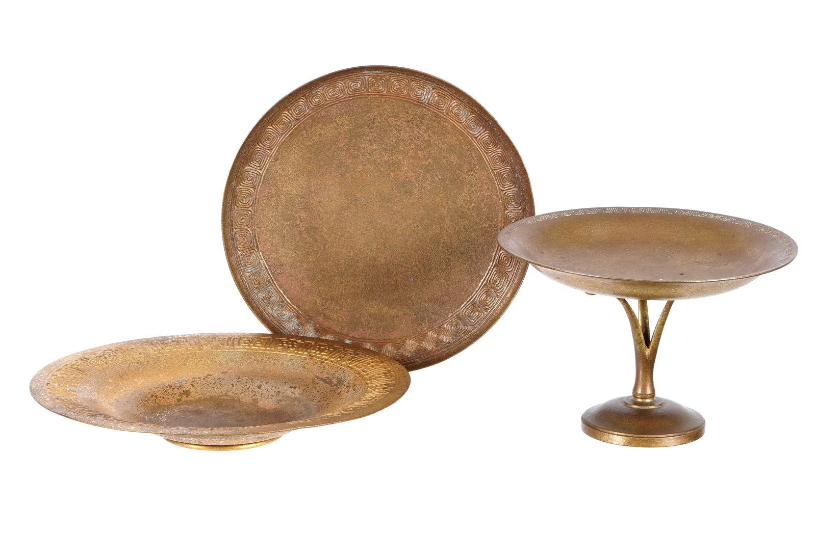 Tiffany Studios Bronze Dore Compote and Two Bowls: An assembled collection of three pieces total to include 1) Compote / Tazza, marked "Tiffany Studios, New York, 1726". 4.75" h. x 7". 2) Low bowl, marked "Tiffany Studios, New York, 1743", 8" dia. 3)
