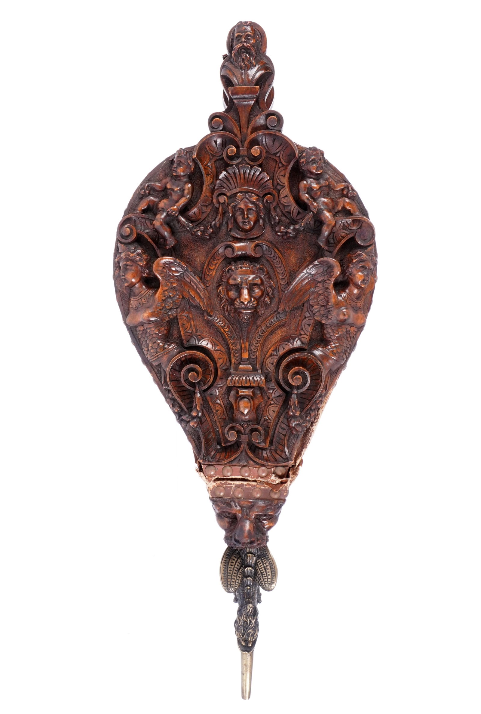 Renaissance Revival Carved Fireplace Bellows: Late 19th / early 20th Century, ornately carved front with center lion mask surrounded with masks, putti, angels, foliate scroll,. Back with large carved mask. Leather bellows. Bronze figural dragon s