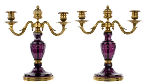 Pair French Bronze Dore Amethyst Glass Candelabra