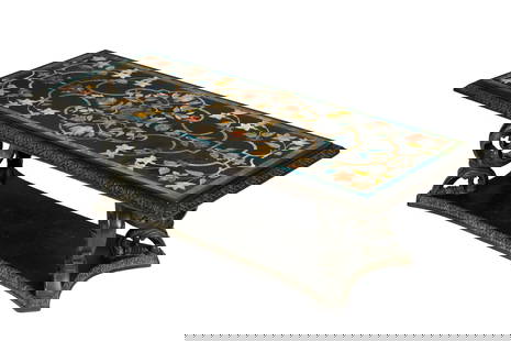 Italian Pietra Dura Inlaid Coffee Table: Rectangular pietra dura stone inlaid top, foliate and floral scroll motif. Ebonized carved wood trim, acanthus leaf scroll supports, and base. Overall 17.75" h. x 57" x 24". Condition: Scratches to to