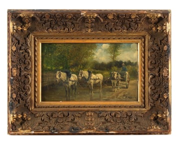 Carlo Pittara Horses and Wagon in Landscape