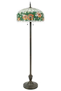 Townes Tiffany Style Leaded Glass Floor Lamp: Tiffany Studios style floor lamp by Townes Tiffanies, a small stained glass company from Smyrna, Georgia, circa 1971-1979. Poppy motif leaded glass shade, 10" h. x 20.5". Contemporary bronzed metal th