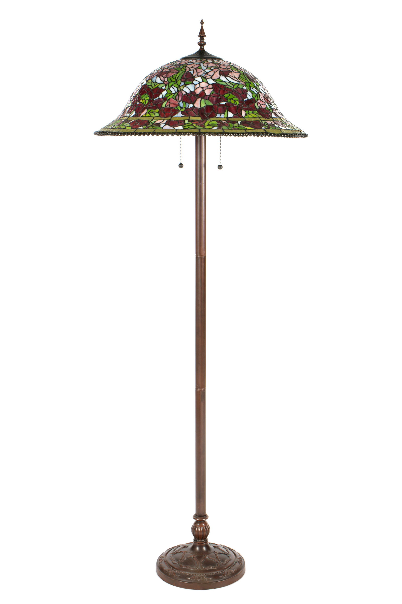Tiffany Style Rose Bush Leaded Glass Floor Lamp: Tiffany Studios style leaded stained glass shade in the Rose Bush pattern, beaded border, unmarked, 9 "h. x 23.5" dia. Bronzed metal three light base, unmarked, overall 64'" h. x 10.5".