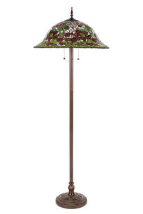 Tiffany Style Rose Bush Leaded Glass Floor Lamp: Tiffany Studios style leaded stained glass shade in the Rose Bush pattern, beaded border, unmarked, 9 "h. x 23.5" dia. Bronzed metal three light base, unmarked, overall 64'" h. x 10.5".