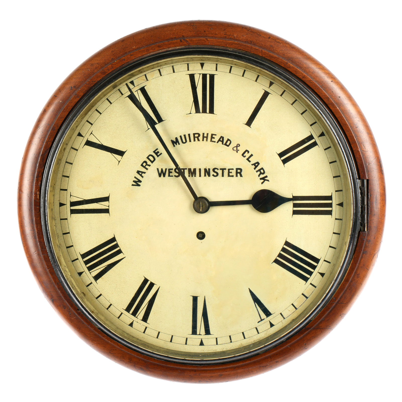 Westminster Oak Railroad Station Advertising Clock: Round oak case, painted metal dial with "Ward, Muirhead, & Clark, Westminster", Roman numerals. Single fusee movement time only movement. Overall 14.5" dia x 6" deep. Condition: Inpaint to dial, chips