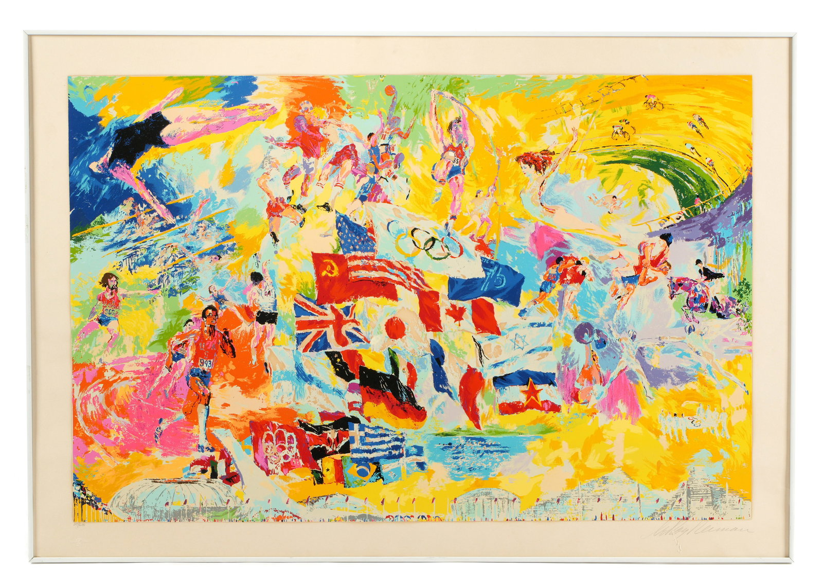 LeRoy Neiman Montreal Olympics 1976 Silkscreen: NEIMAN, LeRoy, (American, 1921-2012): "Games of the XXI Olympiad 1976 Summer Olympics", Silkscreen on Paper, pencil signed lower right, numbered 20/600 lower left, sight size 36.75" x 53.5" including