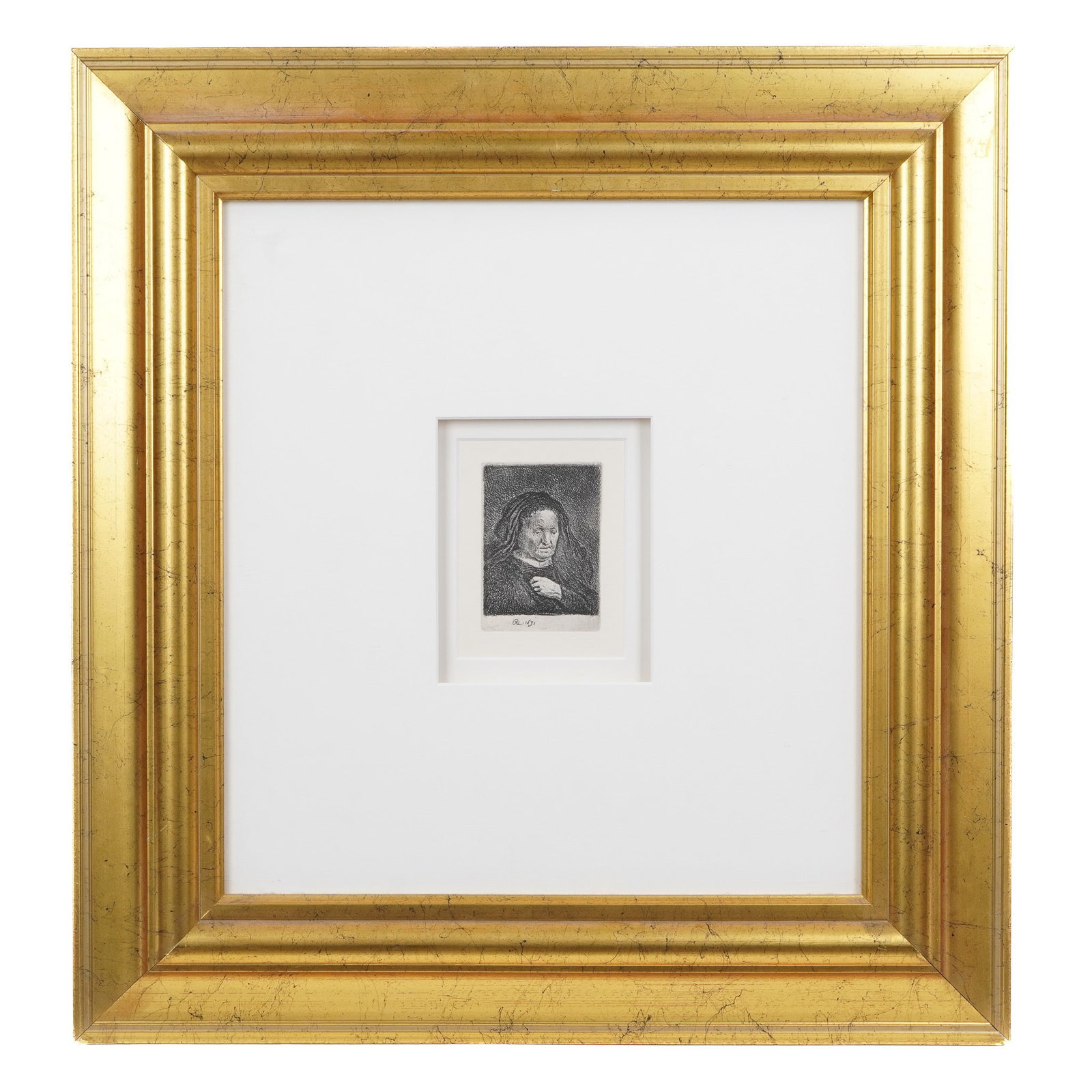 after Rembrandt "The Artist Mother" Etching: after VAN RIJN, Rembrandt, (Dutch, 1606-1669): "The Artist Mother with Her Hand on Her Chest", Etching on Paper, signed in the plate, Park West inventory label verso, impression size 3.5" x 2.5", fram