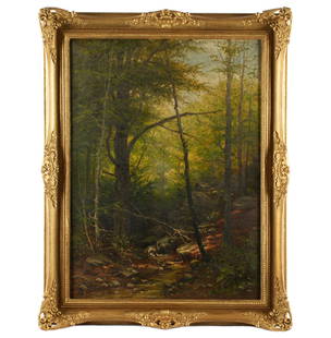 1883 August Flinker Forest Landscape with Stream: FLINKER, August, (German, 1853-1908): Forest landscape with stream, Oil on Canvas, signed and dated'83 lower right, 35.75" x 26.75", framed 44.25" x 33.25".