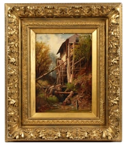 attr George Clough Water Wheel Grain Mill Painting