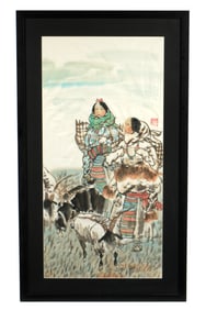 Chinese Watercolor of Nomadic Women with Goats
