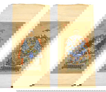 Two Antique Chinese Ancestral Portrait Scrolls: Seated man and wife ancestral portraits, man with blue dragon motif kesi robe, woman in robe with civilian Mandarin square, Gouache on Paper, silk borders, painted wood dowel. Portraits 45 x 23.25", o