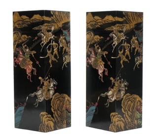 Pair Chinese Black Lacquer Chinoiserie Pedestals