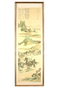 Large Chinese Framed Watercolor Landscape Scroll