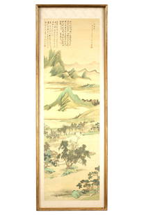 Large Chinese Framed Watercolor Landscape Scroll: Watercolor on silk landscape with villages and mountains. Calligraphy verses at top, several seal stamps. Image size 67.25" x 20.5", framed 76" x 26.25". Condition: Creases. Dimple on center right. No