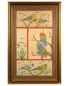 Indian School Framed Watercolor on Silk of Birds
