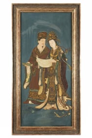 Chinese Carved and Painted Panel Royal Couple