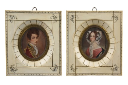 Pair Miniature Portraits in Tiled Frames