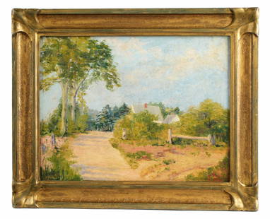 attr. Charles P Gruppe Montclair NJ Landscape: attributed GRUPPE, Charles Paul, (American, 1860-1940): "North Meadow Lane, Montclair, NJ", landscape with road and house, Oil on Canvas, signed and inscribed verso, 10" x 13", framed 13.25" x 16.25".