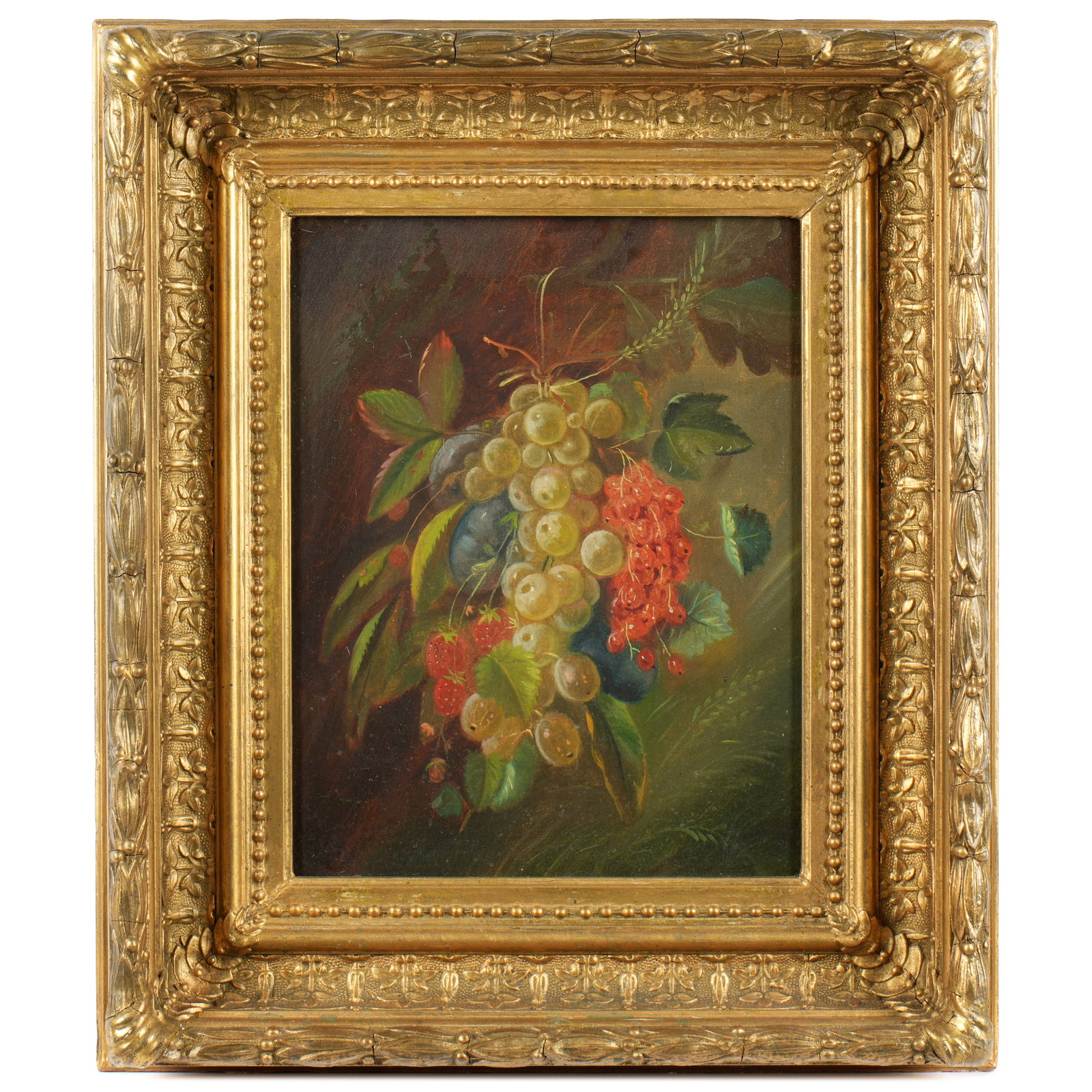 attr. George Forster Still Life of Fruit Painting: attributed FORSTER, George, (American, 1817-1896): Still life of grapes, strawberries, cherries, and foliage, Oil on Canvas, no visible signature, 14" x 11", framed 21.5" x 18.5". Condition: Inpaint,