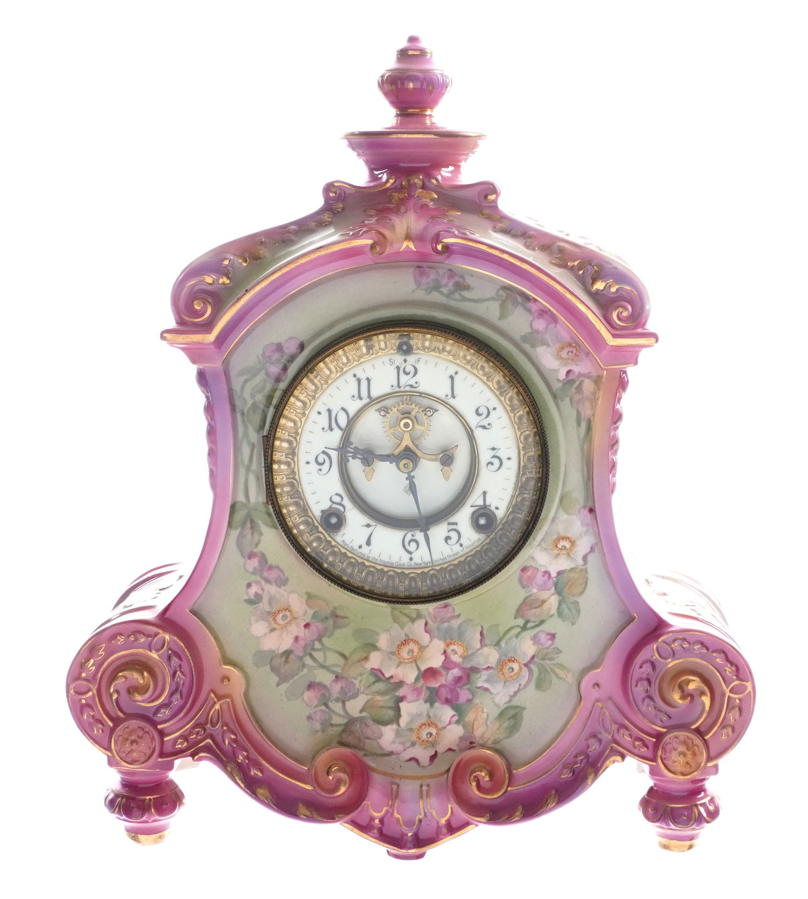 Royal Bonn La Flandre Ansonia Mantel Clock: Royal Bonn "La Flandre" porcelain mantel clock, hand painted floral decoration and gilt accents. Enamel dial with open escapement, marked Ansonia. Ansonia time and gong strike movement. Overall 15" h.