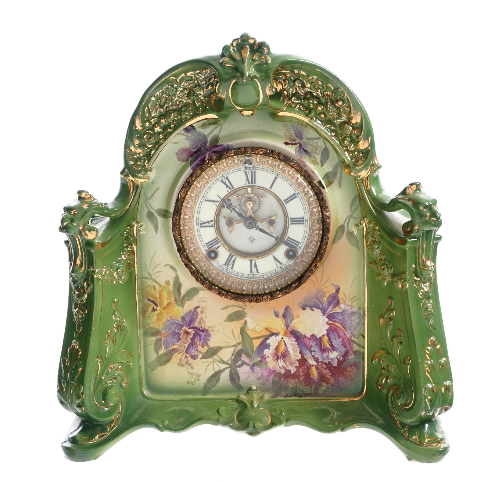 Royal Bonn Ansonia La Saone Mantel Clock: Royal Bonn "La Saone" porcelain case, hand painted floral motif. Enamel dial with open escapement, marked Ansonia. Ansonia time and gong strike movement, overall 14.5" h. x 13.25" x 6". Condition: Cra