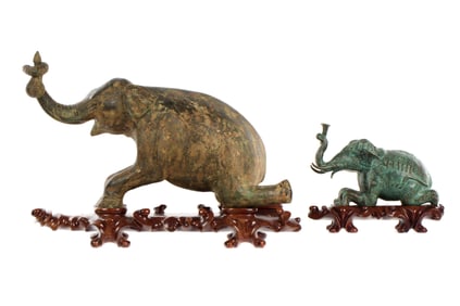 Two Southeast Asia Bronze Elephants on Stands