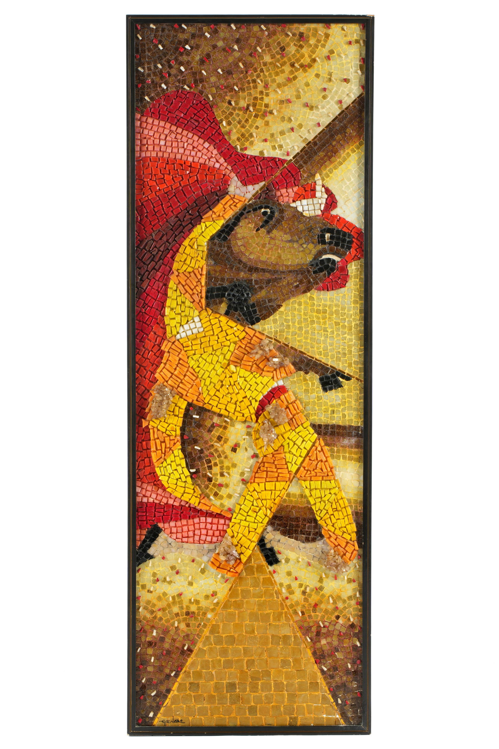 Genaro Alvarez Mid Century Matador Mosaic Panel: ALVAREZ, Genaro, (Mexican, 20th Century): Mid Century mixed mosaic depiction of a matador / bull fighter and bull, Natural Rocks / Semi-Precious Stones / Glass Tiles affixed to Wood Panel, stamped sig