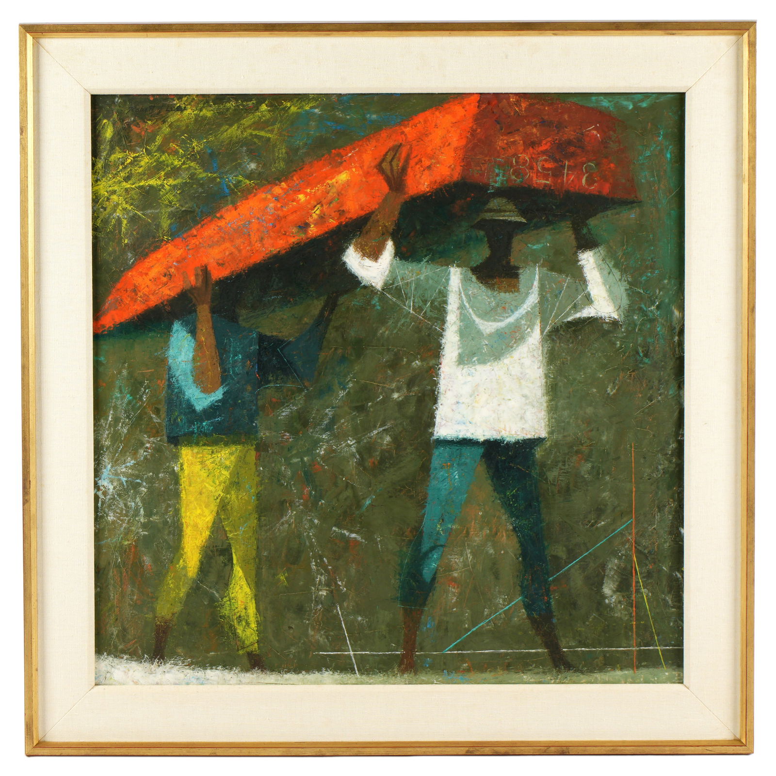 Exhibited Robert Lee Red Boat Modernist Painting: LEE, Robert J., (American, 1921-1994): "The Red Boat", modernist depiction of two men carrying a red boat, Oil on Canvas, signed upper left, Janet Nessler Gallery label and newspaper clippings verso,