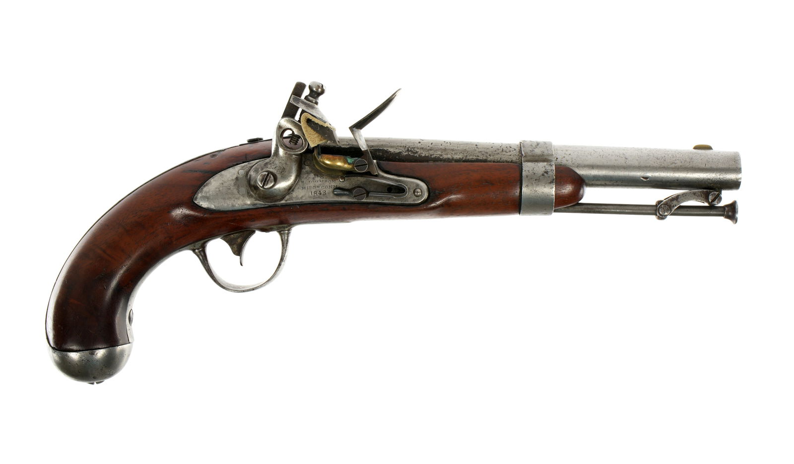 R. Johnson US Model 1836 Flintlock Martial Pistol: US Model 1836 flintlock singl shot martial pistol by Robert Johnson, Middletown, CT., dated 1843. 8.5" approx. 54 caliber round barrel, well marked on lockplate. Walnut stock with two inspector cartou