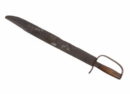Georgia Armory Confederate D Guard Bowie Knife: Large Georgia Armory Civil War Confederate Bowie / fighting knife. Iron D-guard hilt, turned wood grip. 17.5" clip point blade, unmarked as with all examples of this knife. Overall 22.5". Condition: B
