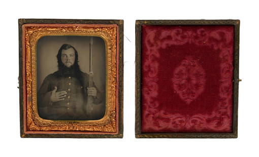 Sixth Plate Tintype Confederate Soldier and Musket: Sixth plate size tintype of Civil War Confederate soldier, seated, holding a musket / rifle in one hand. Embossed leather case, 3 5/8" x 3 1/8". Condition: Top separated from bottom of case